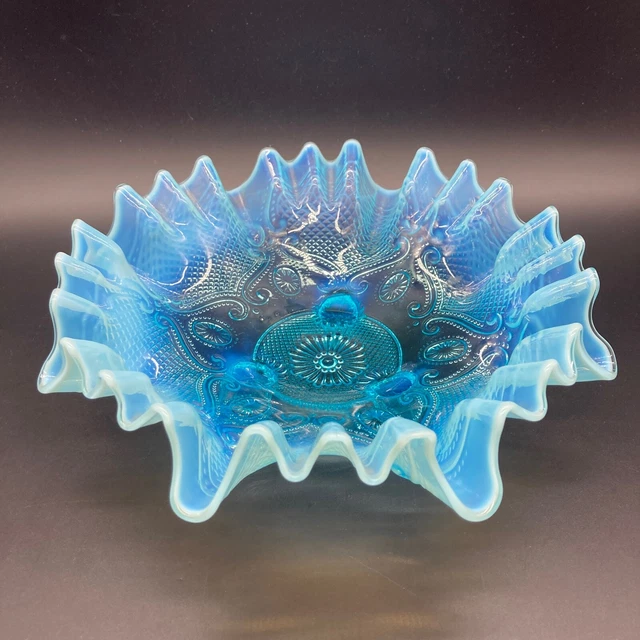 Antique EAPG Northwood Lattice Medallions Blue 8" Opalescent Crimped Bowl Dish