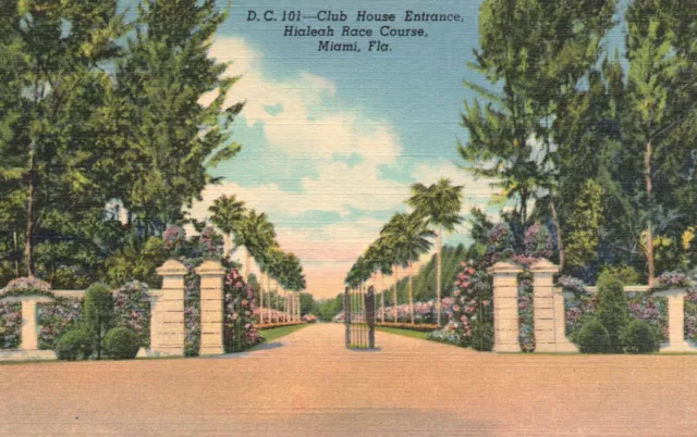 Postcard FL Miami Hialeah Race Course Club House Entrance Linen Vintage PC G8056