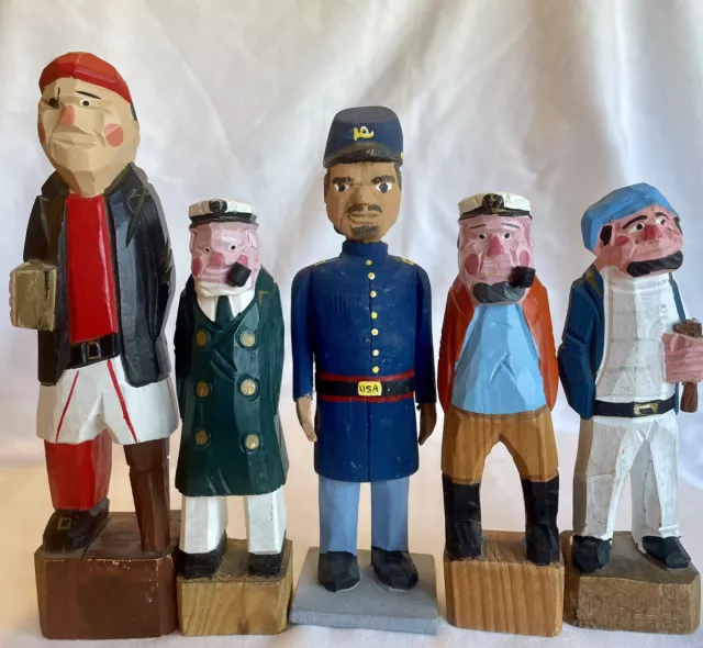 Vintage Hand Carved Wood Pirate Crew, Officer, Old Man Carving Folk Art Set of 5