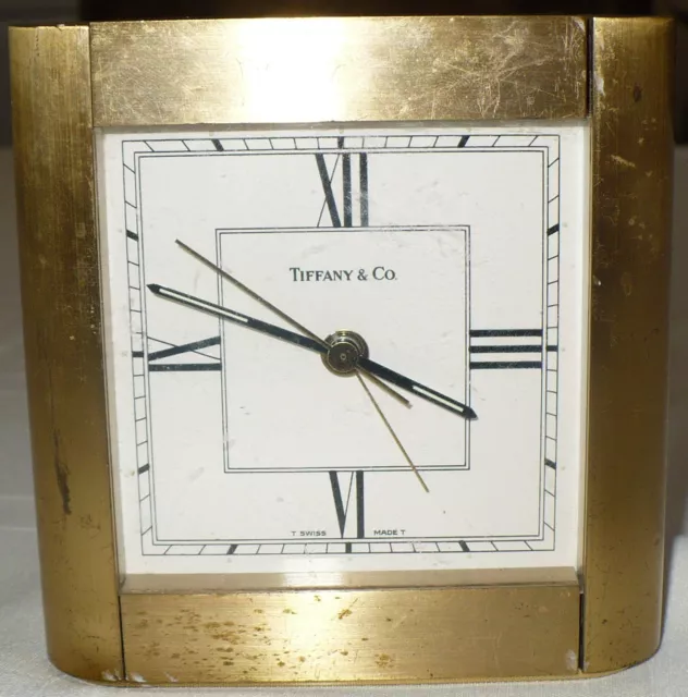 Vintage Tiffany & Co Heavy Brass Shelf Mantle Desk Clock " Swiss T " Quartz 2