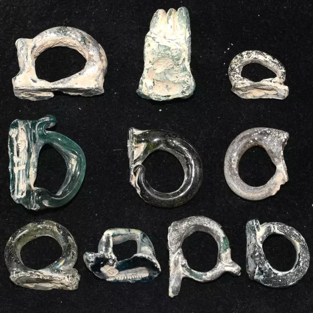 10 Large Ancient Roman Glass Rings with Engraved Bezels Circa 1st - 2nd Century