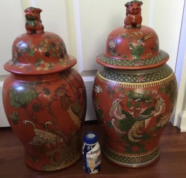 Chinese large pair Wucai ginger jar temple vase foo dog lid bird Famille Verte!