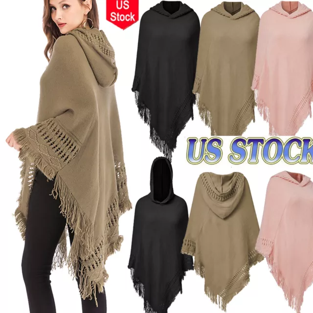 Hot ! Women's Sweater Poncho Cloak Knit Top Hooded Pullover Shawl Fringed Coat