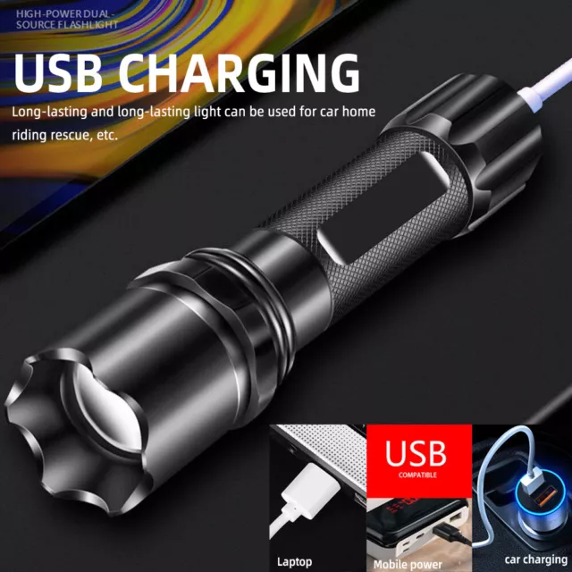 USB Rechargeable LED Flashlight Zoom 3 Modes 18650 Torch Lamp Light Aluminum