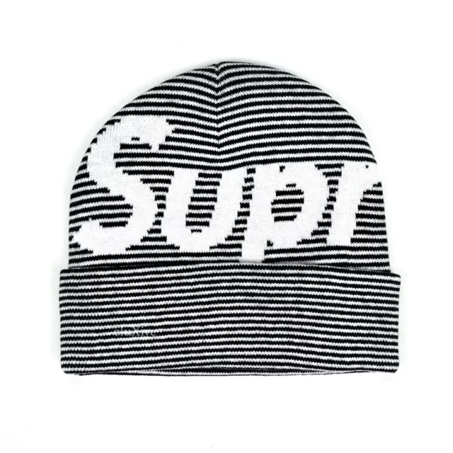 NWT Supreme NY Big Logo Knit Beanie Hat Black Stripe Men's DS FW22 AUTHENTIC