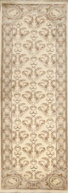 Floral Ivory Aubusson Chinese Oriental Runner Rug Hand-knotted 2' 8'' x 8' 11''