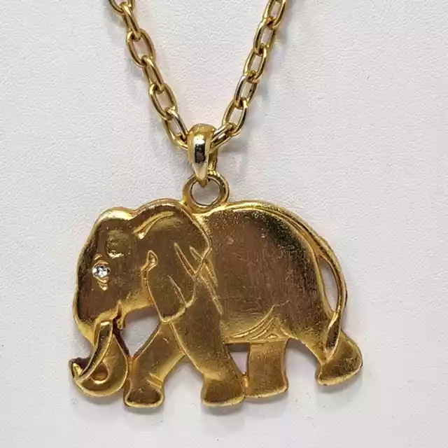 Brushed Gold Tone Elephant Pendant Chain Necklace Animal Trunk Up Lucky Jewelry