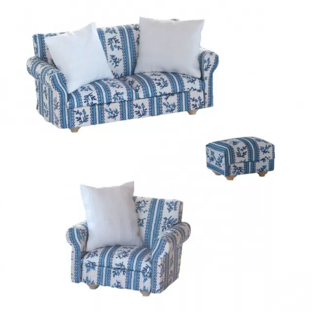 Puppenstube Miniatur 1:12 Sitzgruppe blau/weiß gestreift Sofa Sessel und Hocker