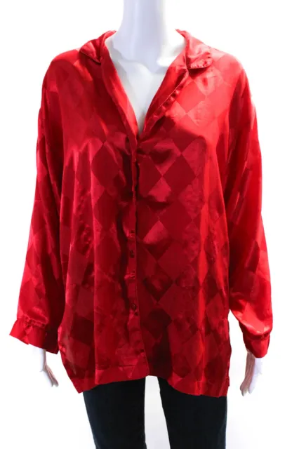 Christian Dior Womens Satin Checkered Collared Button Up Blouse Top Red Size M