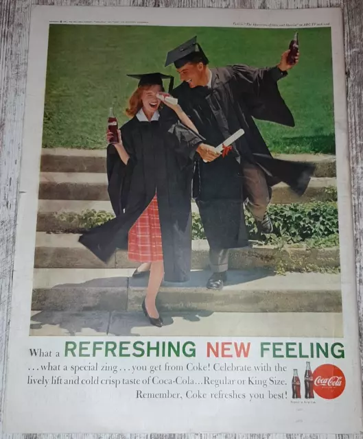 1961 Coca-Cola Vintage Print Ad Graduates Cap Gown Glass Bottle Soda Celebrate