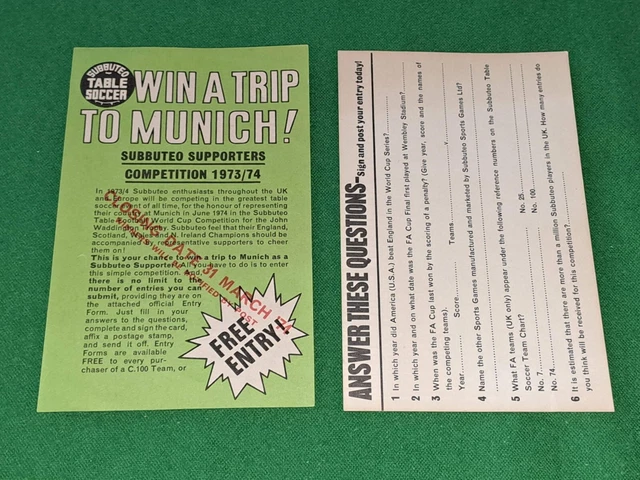 Subbuteo 1973/74 Competition Quiz Flyer and Postcard, Munich, Unused, Very Good