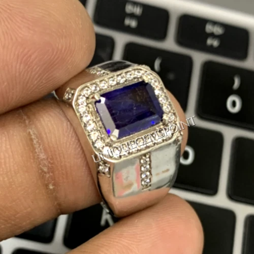 Natural Blue Sapphire Gemstone Ring with 925 Sterling Silver Men's Handmade Ring