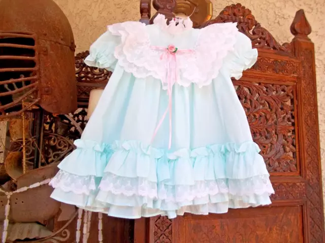 Vintage Girls Mint Green Pageant Party Dress Lace Ruffles Back Bow sz 18m L