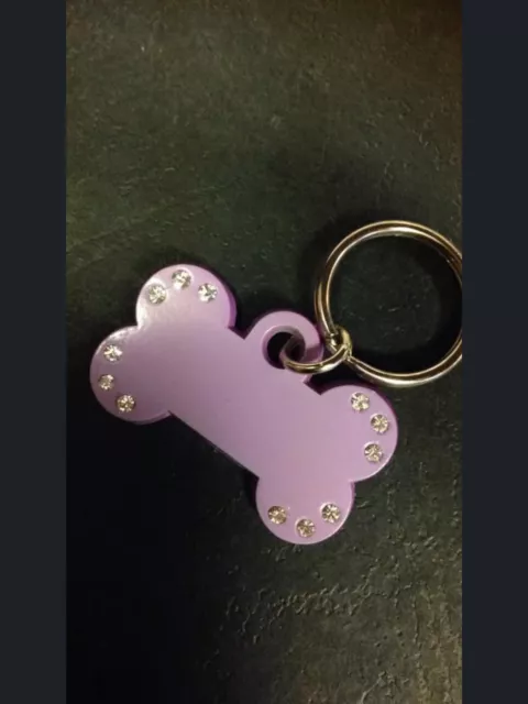 Purple Bone Shape Diamante pet name tag -  With Pet Name Engraved