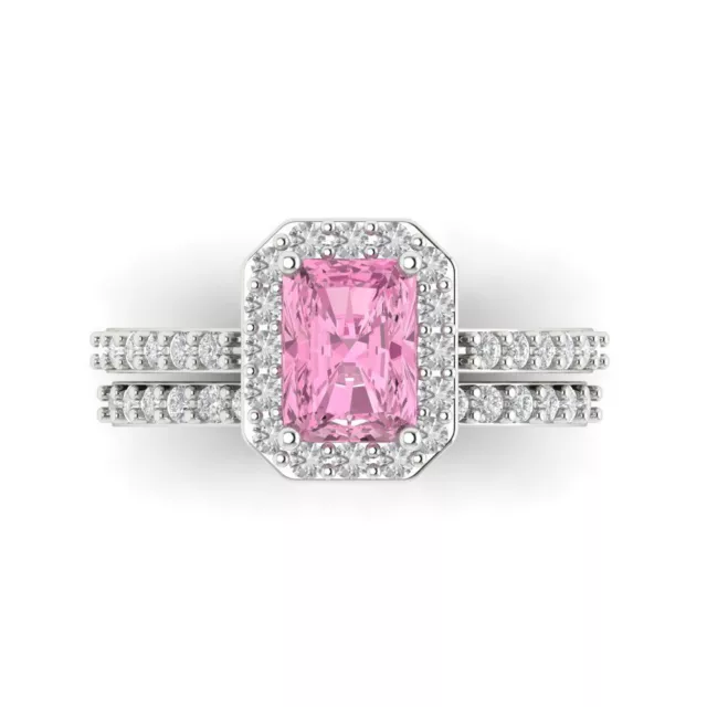 2.22ct Emerald Pink Simulated Diamond 18k White Gold  Wedding Bridal Ring Set