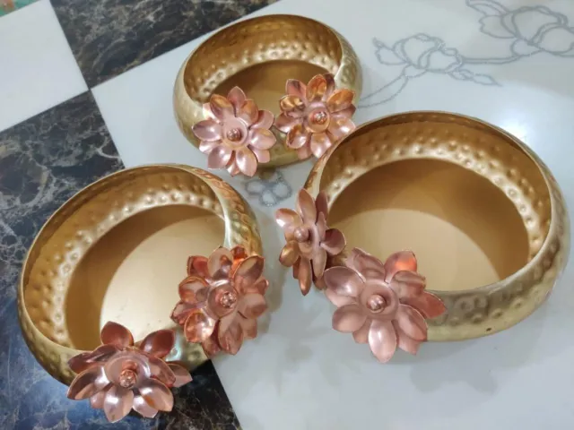 Indian Brass Urli Bowl Set Of 3 Tealight Candle Holder Home Decorative Bowl Item