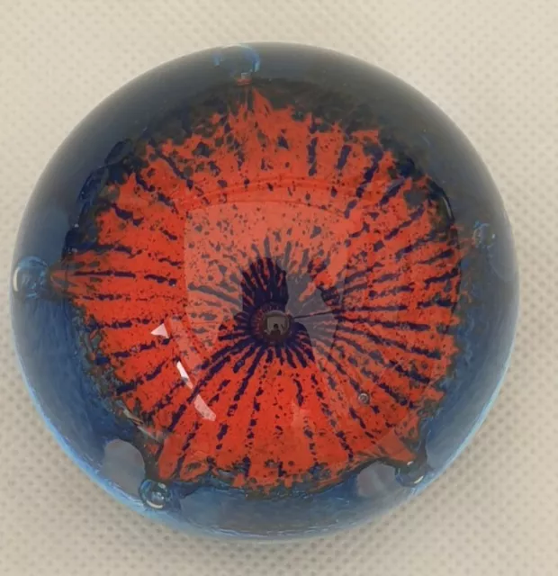 A Vintage Caithness Petunias Paperweight Art Glass Hand Blown, Blue & Orange