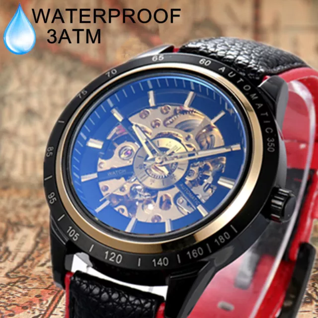 Luxury Men's Automatic Mechanical Wrist Watch Leather Strap Retro Skeleton Dial