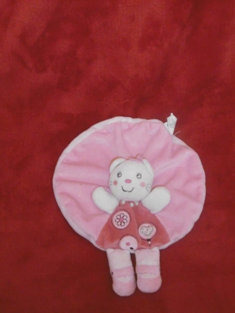 Doudou Plat Rond Nicotoy Kiabi Chat Rose Blanc Brodé Fleur Coeur