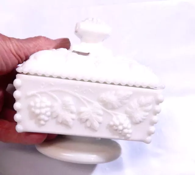 Westmoreland Paneled Grape Beaded Honey Dish Lidded Milk Glass