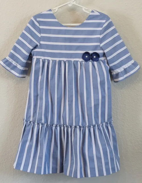 MAYORAL Girls 7 White & Blue Stripes Chambray Dress Fully Lined Spring Easter