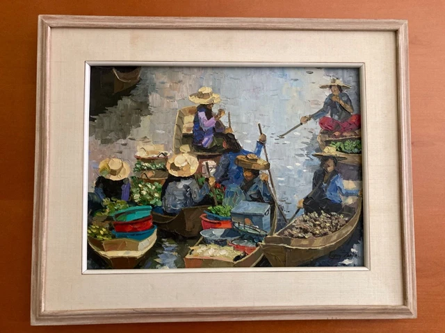 Thailand Floating Market Canal Scene Oil On Canvas-Prayong Saetia