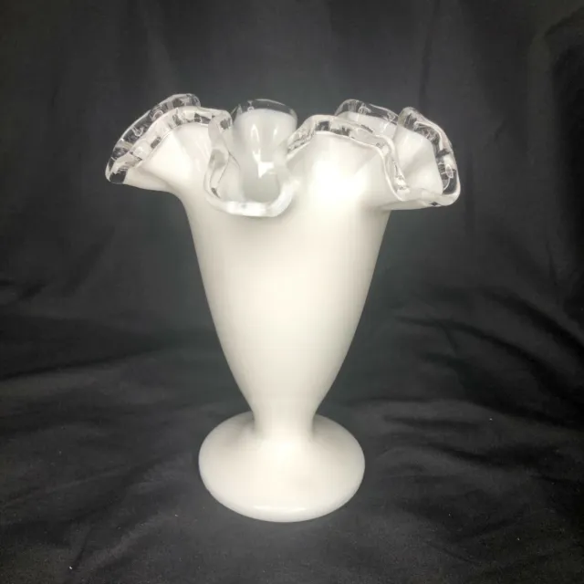 Vintage Fenton Silver Crest White Vase Ruffled Edge Cottagecore Milk Glass