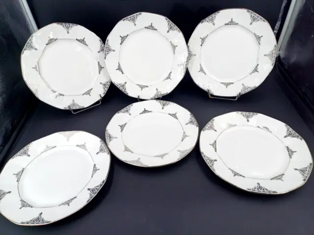 SERIE DE 6 ASSIETTES PLATES PORCELAINE DE LIMOGES ART DECO Argenté