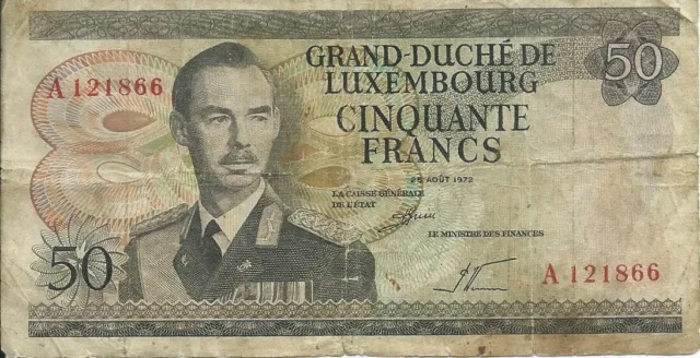 Collectors Item- Luxembourg 50 franc banknote 1972 Circulated