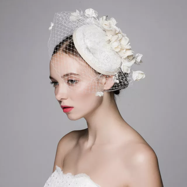 New Church Derby Cocktail Wedding Bridal Ivory Flower Pillbox Hat Veil Cap Band