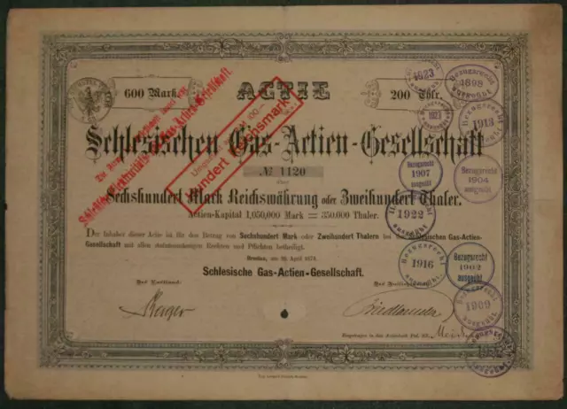 Schlesische Gas-Actien-Gesellschaft 1874 600 Mark/200 Thaler