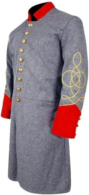 US Civil War Single Breast Gray Frock Coat with Solid Red Cuff & Collar-Braid 1