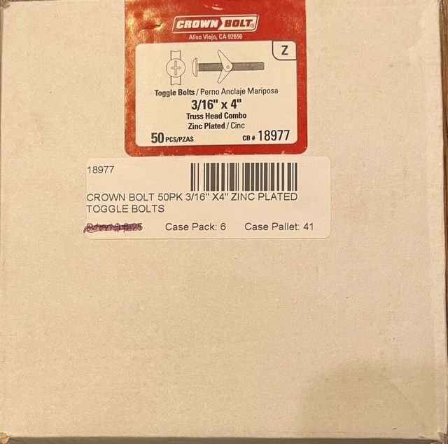 CROWN BOLT 50 Pack 3/16"X4" Zinc Plated Toggle Bolts - 18977 - FREE SHIPPING