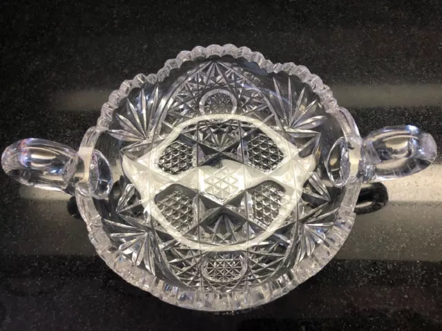 Vintage American Brilliant Cut Glass Crystal Sugar Bowl Sawtooth Edge 2 Handles 6