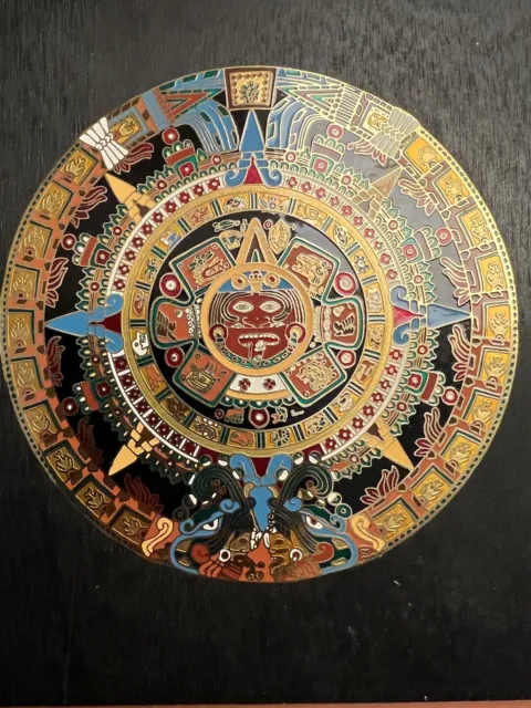 Large Aztec Mayan Calendar Wall Plaque Enameled Brass on Wood Art
