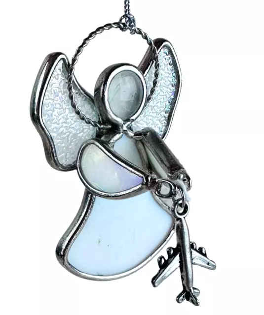 Vintage Stained Glass 3D Angel w Pewter Suncatcher Ornament 3"H  white w plane