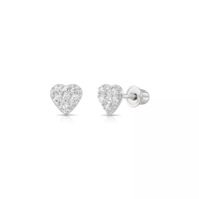 14K Real Solid Gold Pave Small Heart CZ Stud Earrings Screwback Sleeper Studs