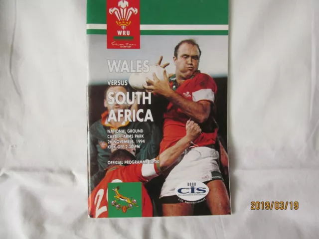 Wales v South-Africa. Rugby Union. Programme. November 1994.