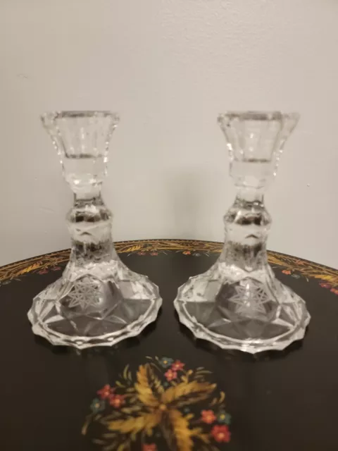 Vintage Pair Cut Crystal in Pinwheel Pattern Candleholders 5" tall