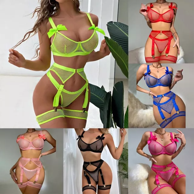 Set biancheria intima fiocco sexy set giarrettiera donna 3 pezzi lingerie con de