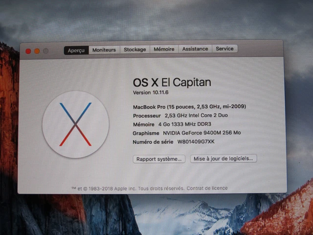  Apple MacBook Pro 15" Intel Core 2 Duo 500Go HDD 4GO RAM mi-2009