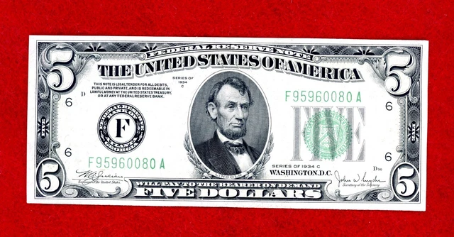 $5 1934 LIGHT GREEN SEAL ERROR Federal Reserve ATLANTA GEORIGA CRISP HIGH GRADE