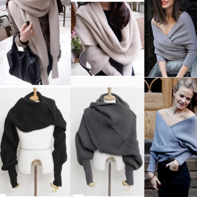 Women Winter Warm Solid Color Knitted Wrap Scarf Crochet Shawl Cape With Sleeve