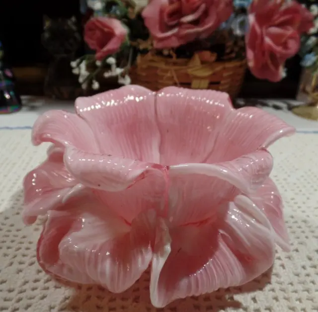 Murano Art Glass Biomorphic Double Petal Pink Flower Bowl Possibly Fratelli Toso