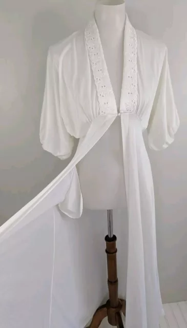 VTG WHITE NYLON Dressing Gown Robe Peignoir Maxi Quilted Satin Collar ...
