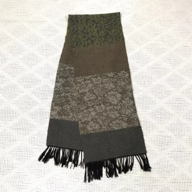 Tan Grey Black Fringe Trimmed Lace-Printed Woven Winter Scarf