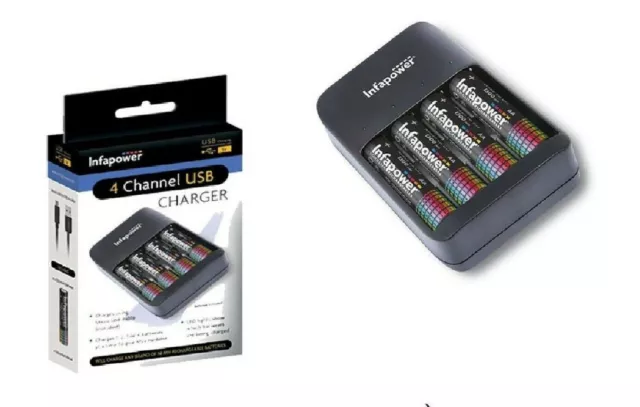 Infapower 4 Channel USB Home Battery Charger + 4 x AA 1300mAh Batteries