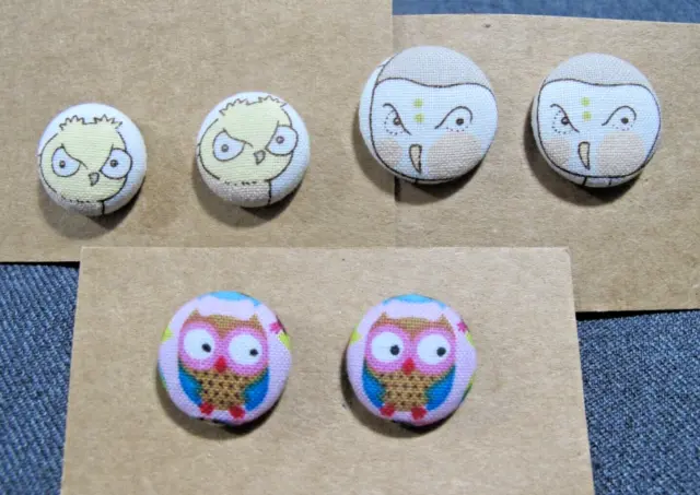 Vintage crafted lined in fabric silvertone metal owl 3 assorted stud earrings