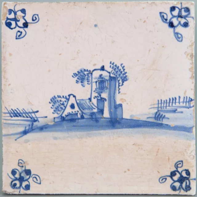 Rare Dutch Delft Blue tile, landscape with a farm, 18th century.
