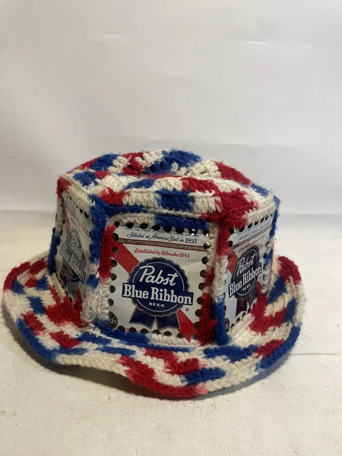 Vintage Pabst blue ribbon, beer can crochet hat cap Red White Blue USA